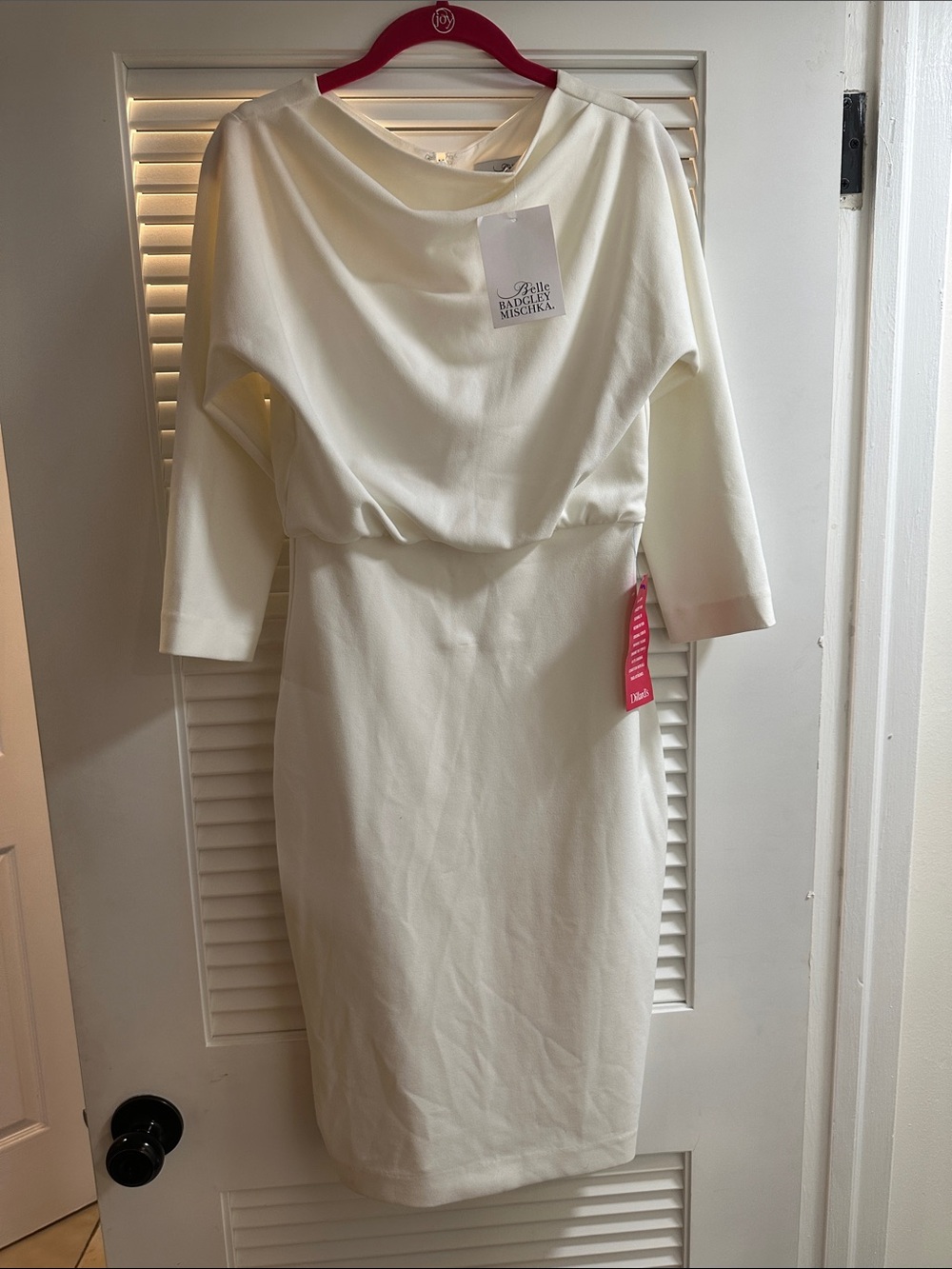 Badgley Mischka Ivory Long-Sleeve Draped Waist Dress